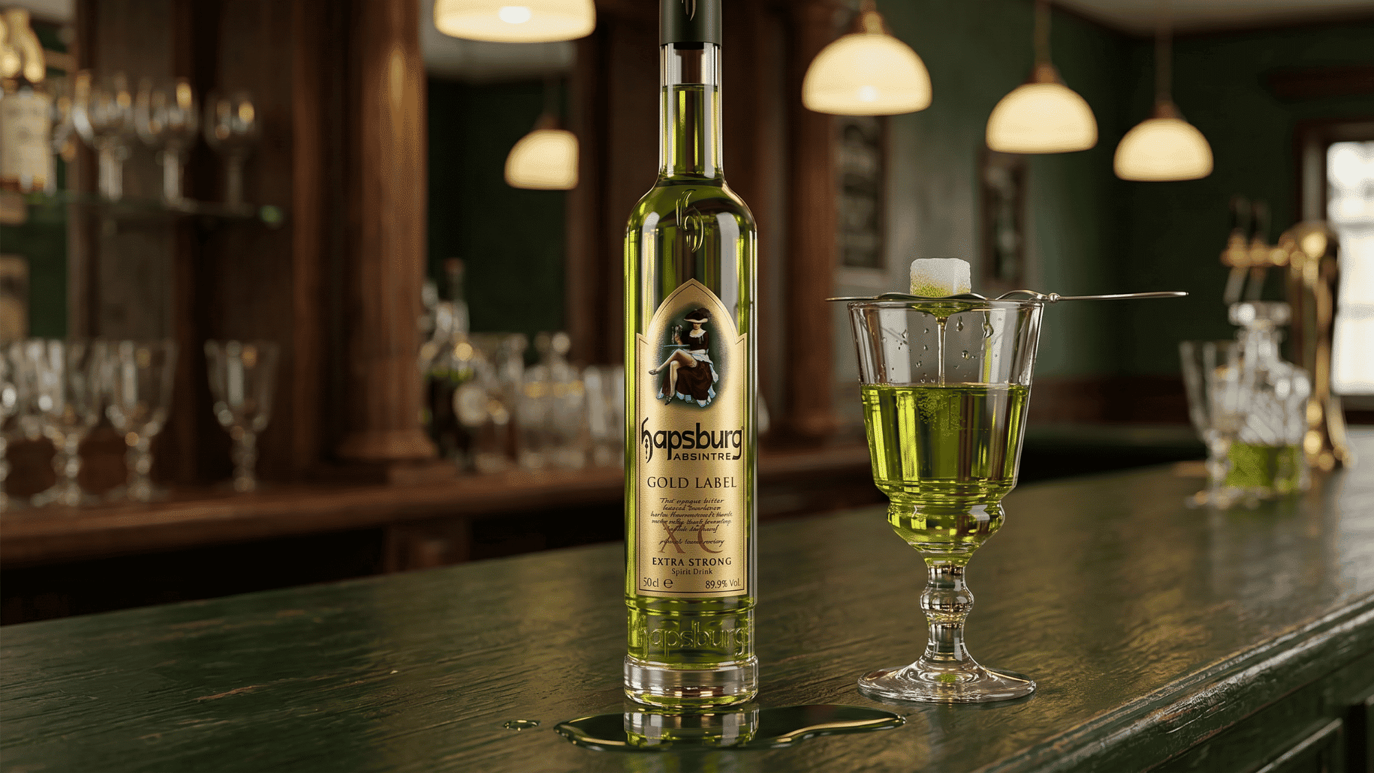 High-proof spirits display with safety first warning cards on kitchen counter