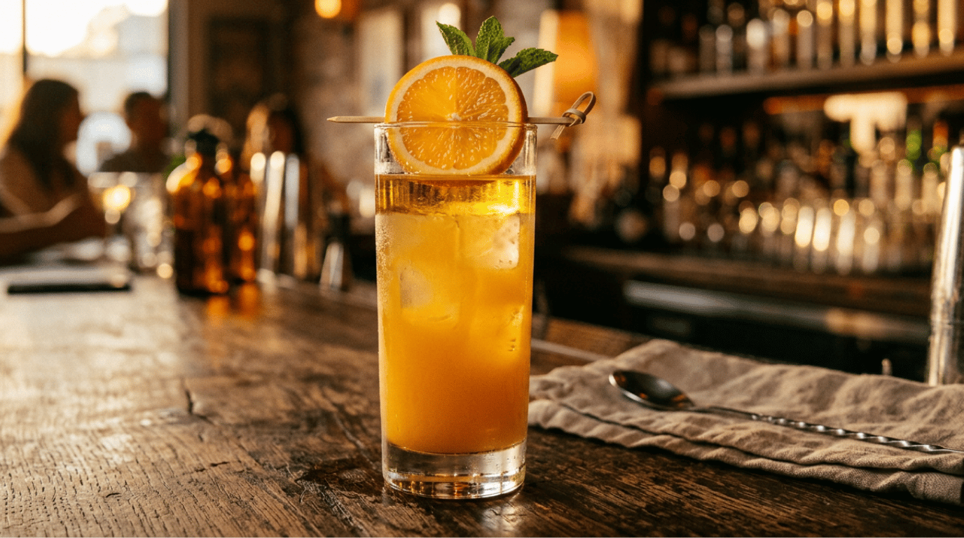 Harvey Wallbanger cocktail in a highball glass with an orange juice base and Galliano float