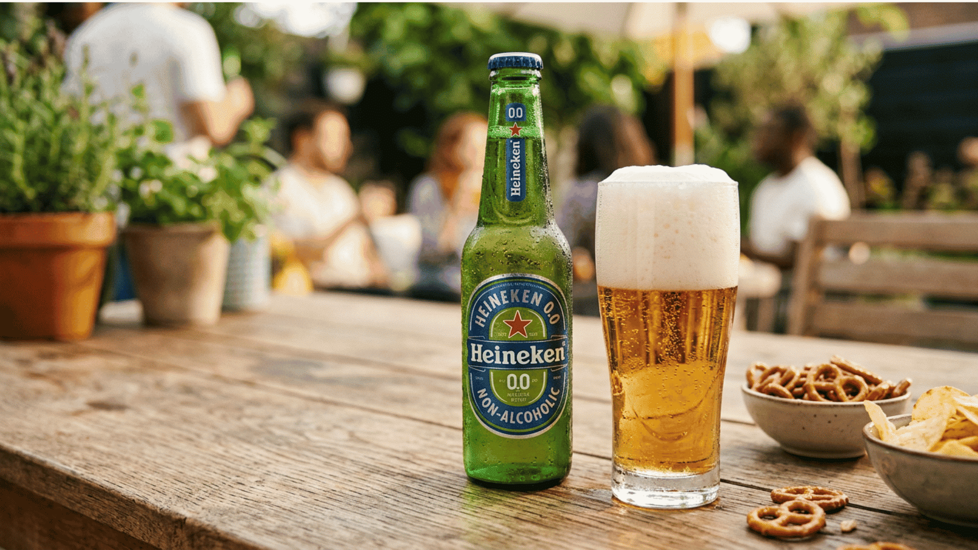 Heineken 0.0 bottle beside foamy beer glass, pretzels, and chips outdoors