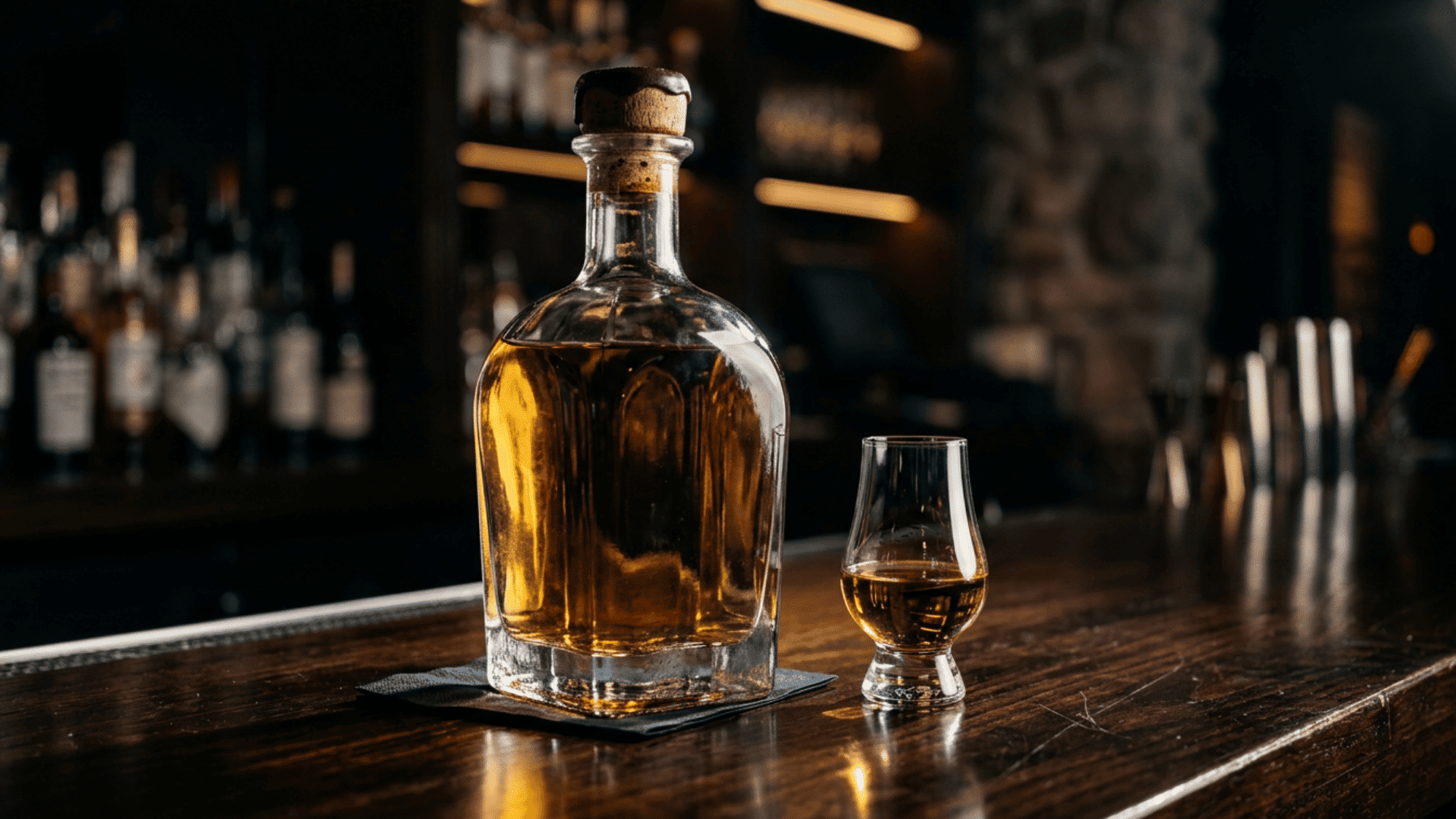 A clear glass bottle of premium high-proof tequila standing on a rustic wooden surface, showcasing its clean clarity and artisan labeling.