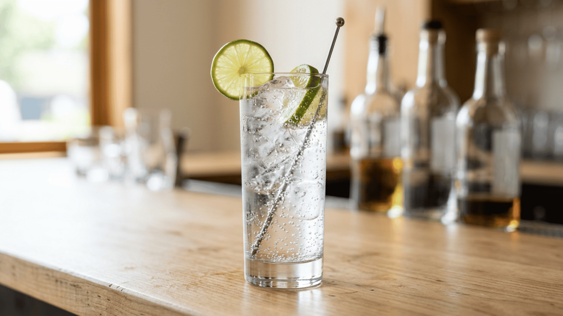 Highball cocktail with lime garnish, ice, and bubbles on a wooden bar counter.