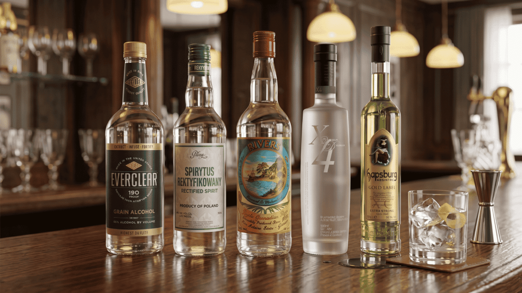 Five highest alcohol content spirits lined up on bar.