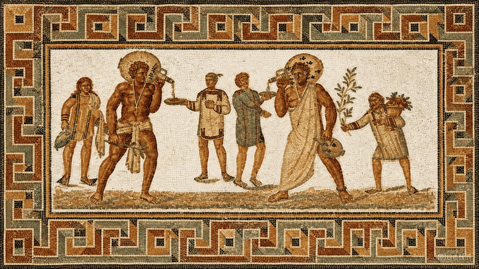 Ancient mosaic depicting early beer history, brewing origins, and ancient civilization drinking culture