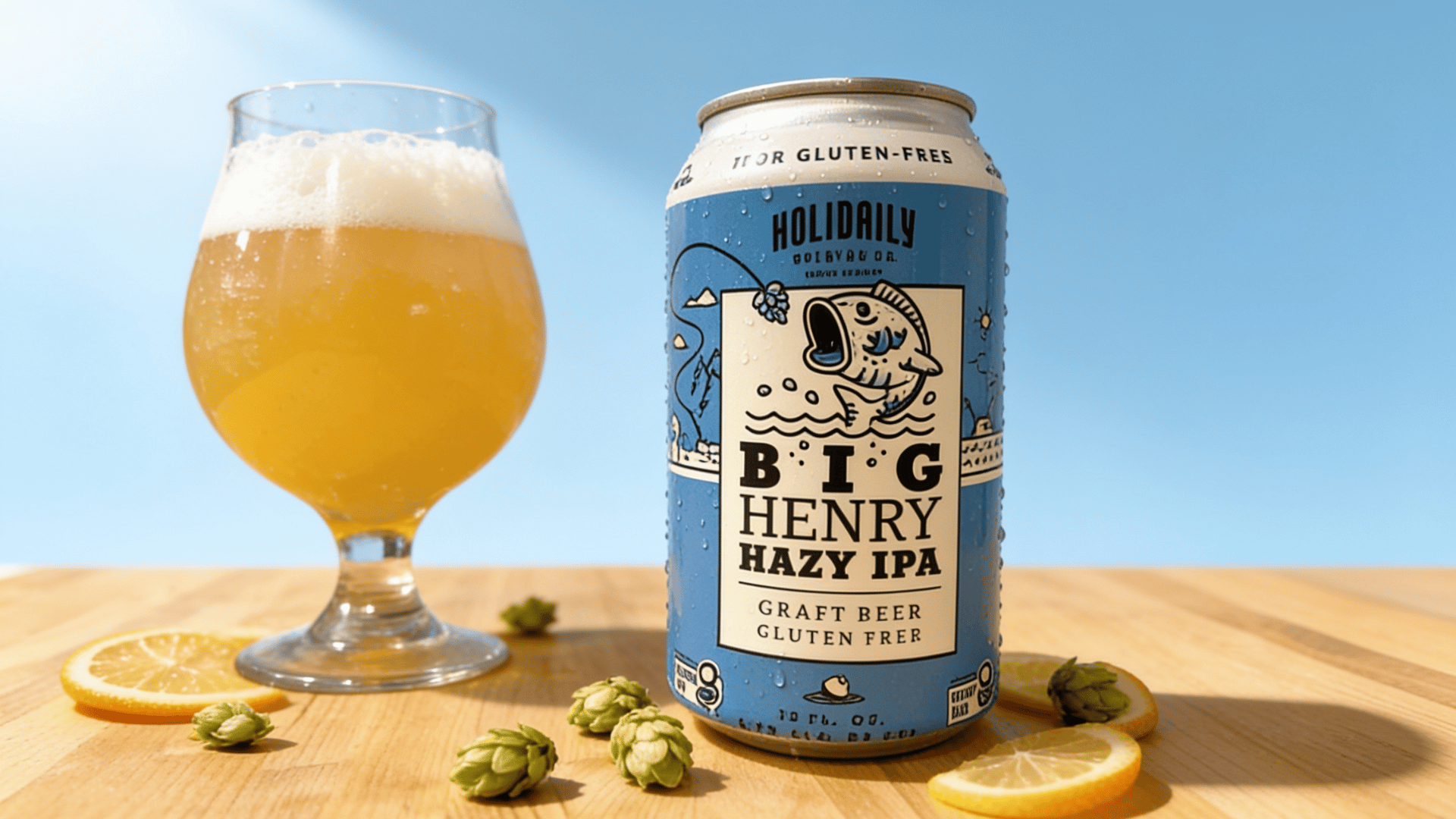 Holidaily Big Henry Hazy IPA can beside a tulip glass of hazy golden orange IPA with hop cones on a light oak surface with a sky blue background.