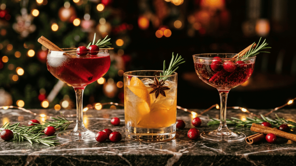 Festive holiday cocktails with cranberries and rosemary on a marble bar counter