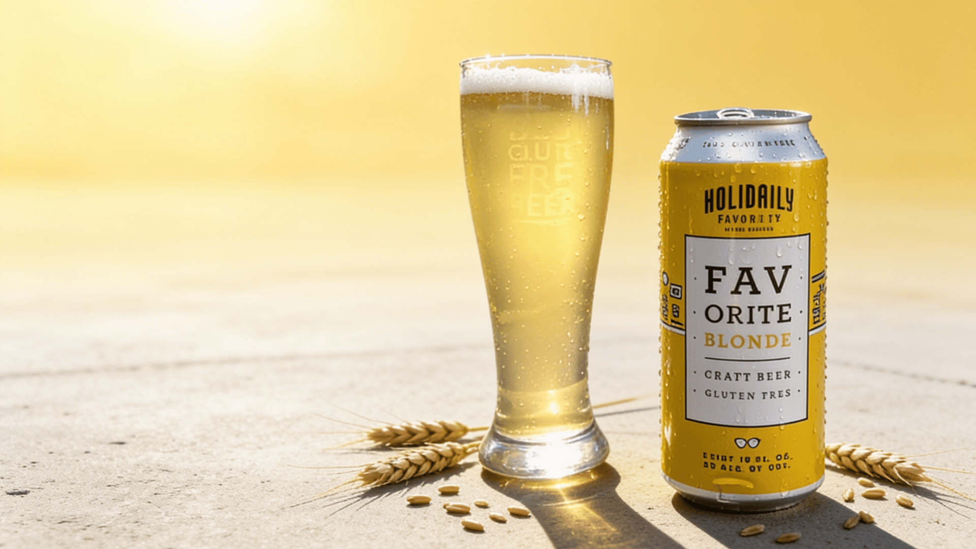 Holidaily Favorite Blonde can beside a tall pilsner glass of crisp pale golden blonde ale on a concrete surface with a sunny yellow background.