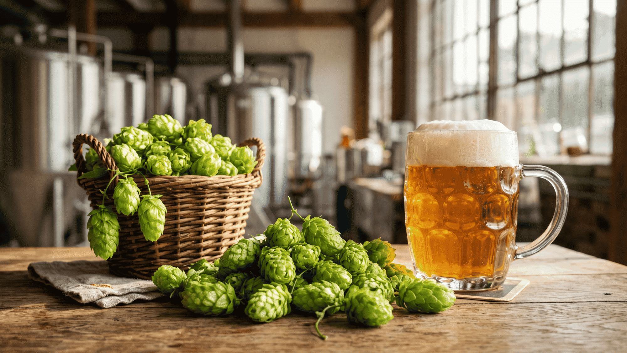 Basket of fresh green hops beside a frothy beer mug in a brewery setting