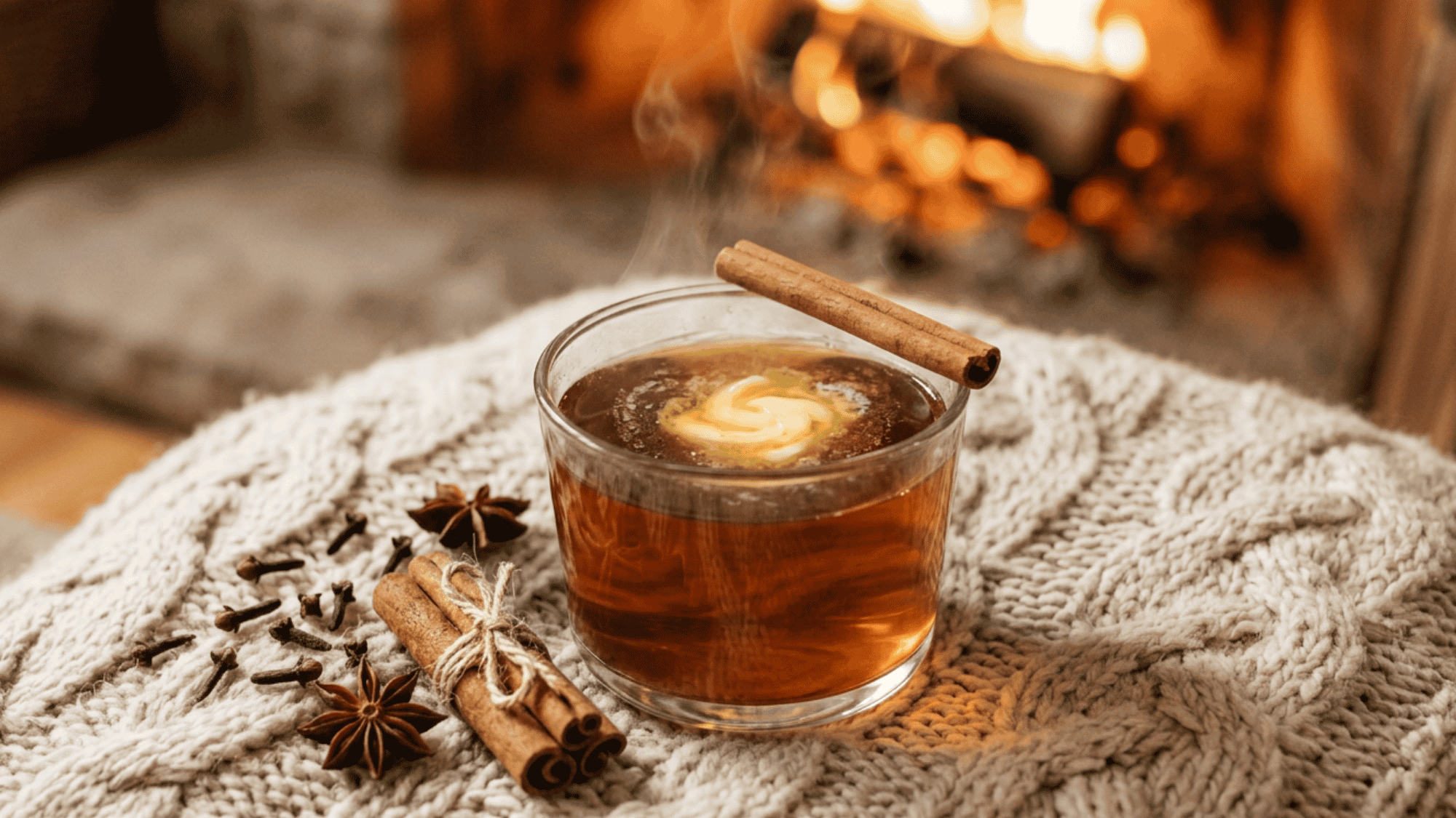 Steaming hot buttered rum with cinnamon on a cozy knit blanket by the fireplace