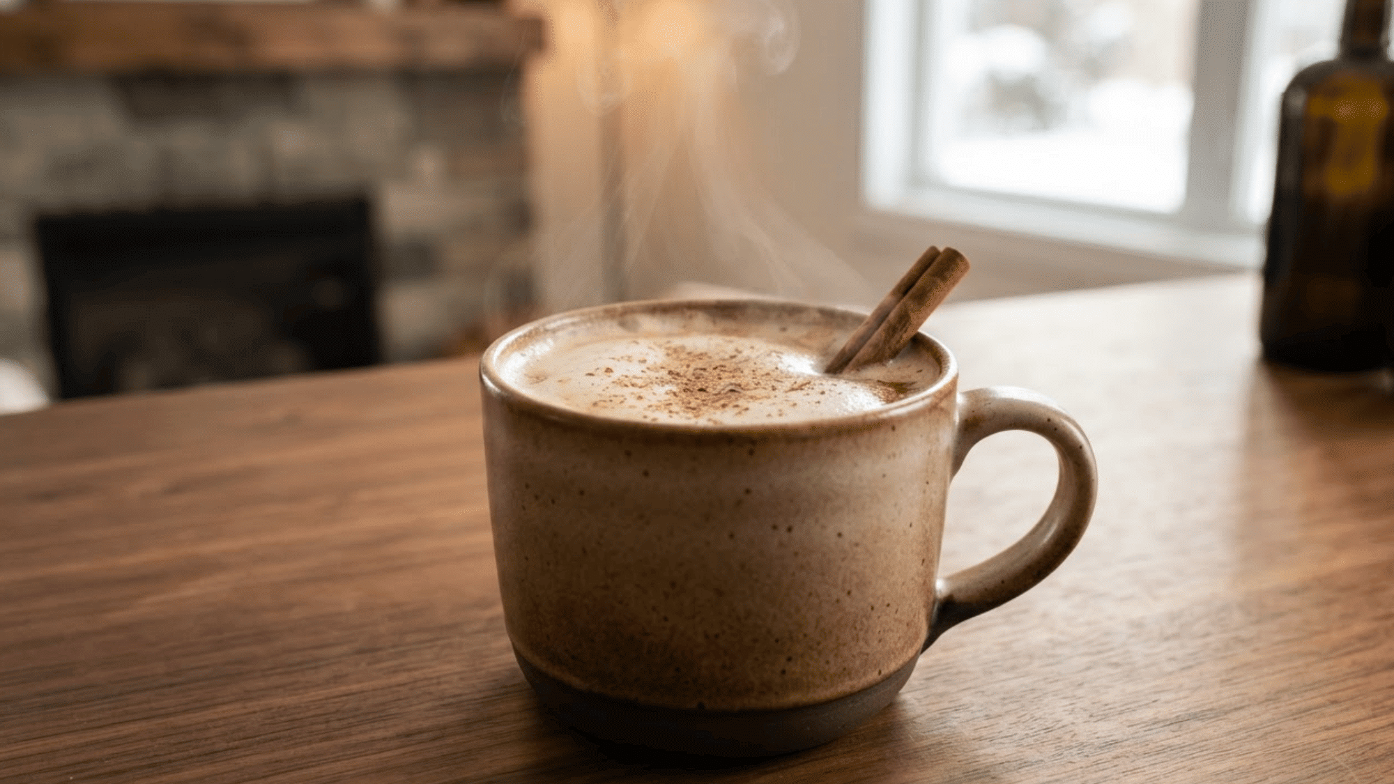 Hot Buttered Rum in a mug with creamy foam, cinnamon, nutmeg, and steam.