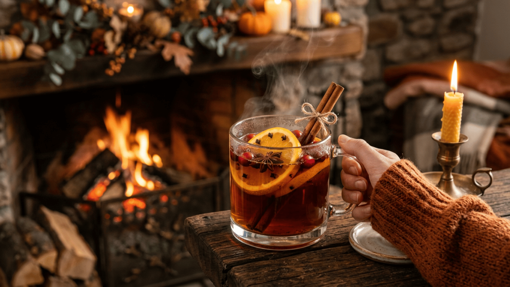 Hot Mulled Apple Cider simmering in a pot with orange slices, cinnamon sticks, and star anise.
