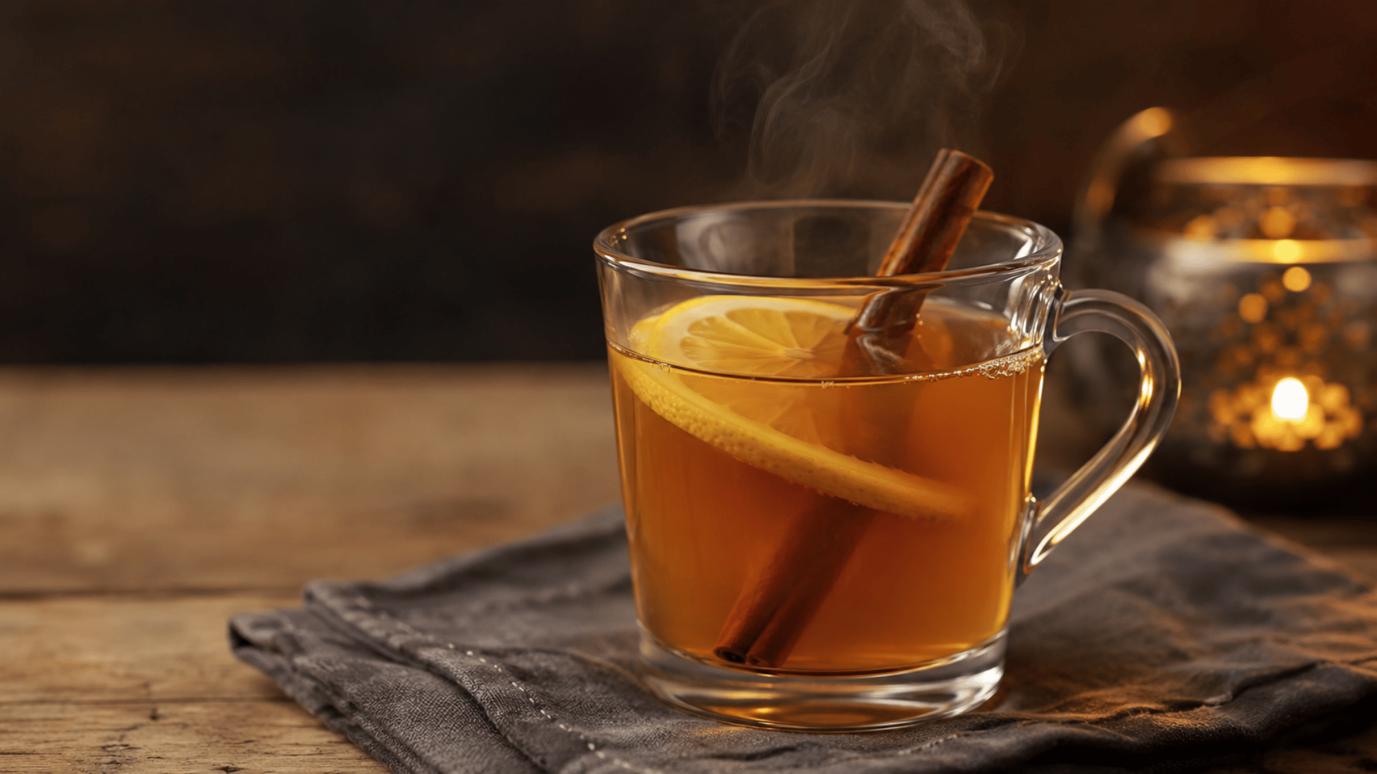 Hot Toddy with lemon slice, cinnamon stick, and steam in a glass mug