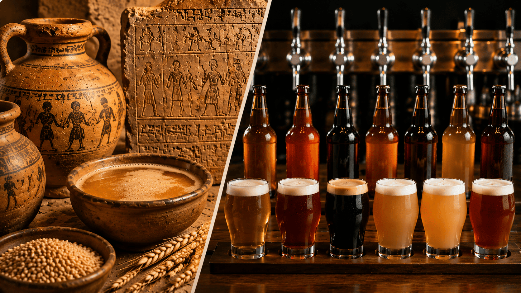 Split image showing ancient beer brewing on left and modern craft beers on right