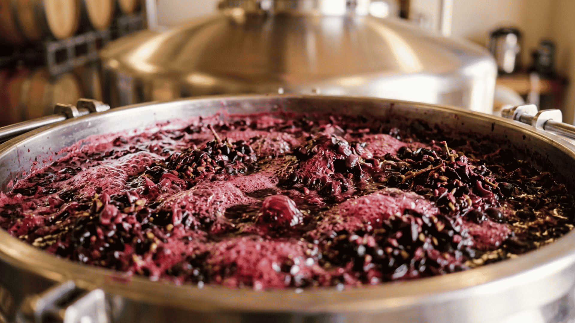 Wine fermentation bubbling inside stainless steel tank