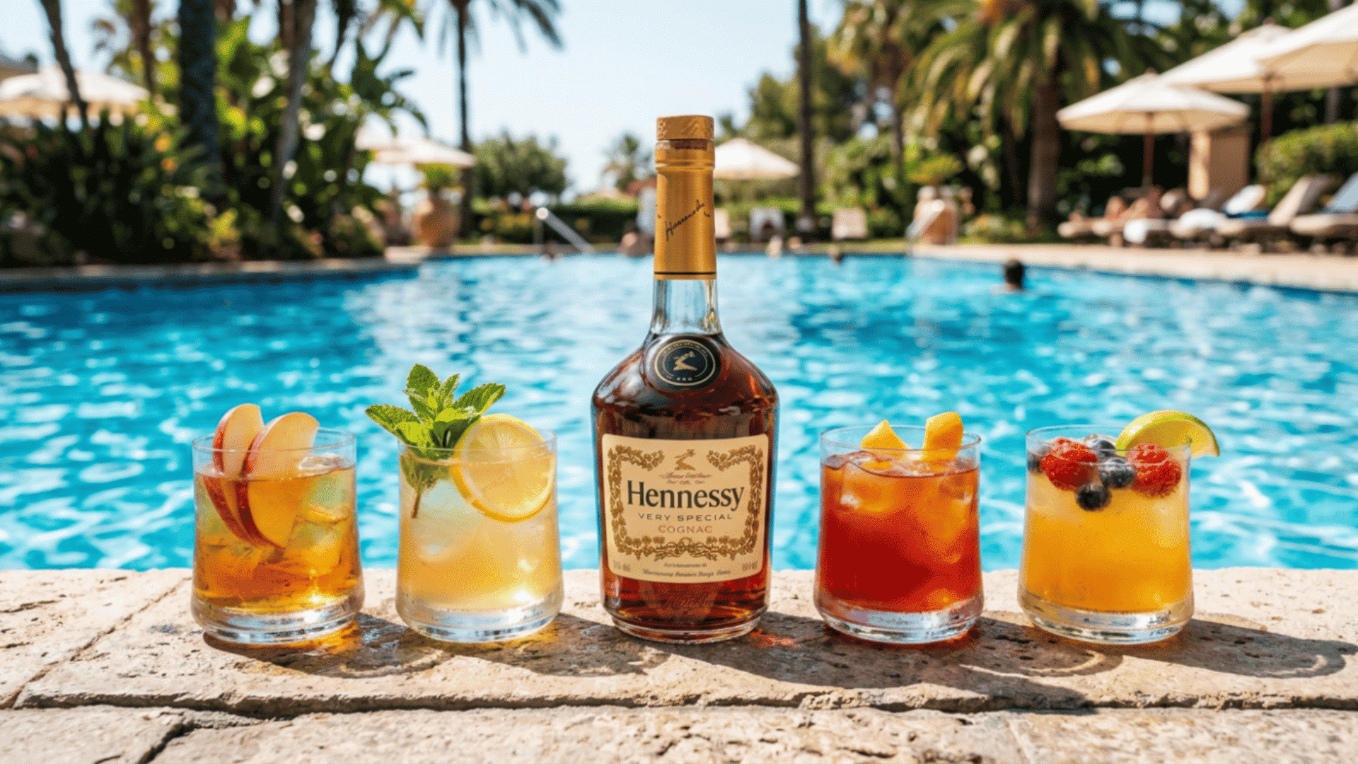 hennessy bottle with four fruit cocktails beside a sunny resort swimming pool