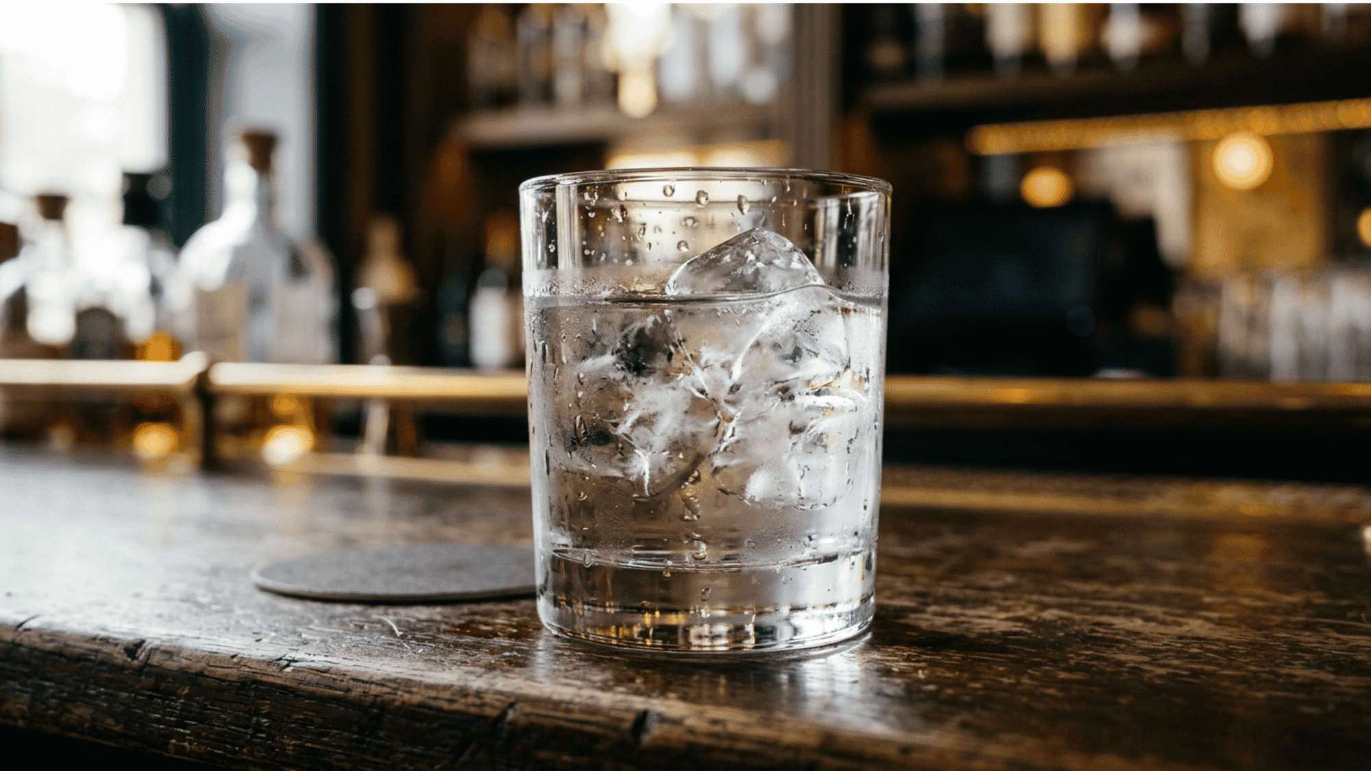 Vodka with ice in a clear glass on a wooden bar counter with soft warm lighting
