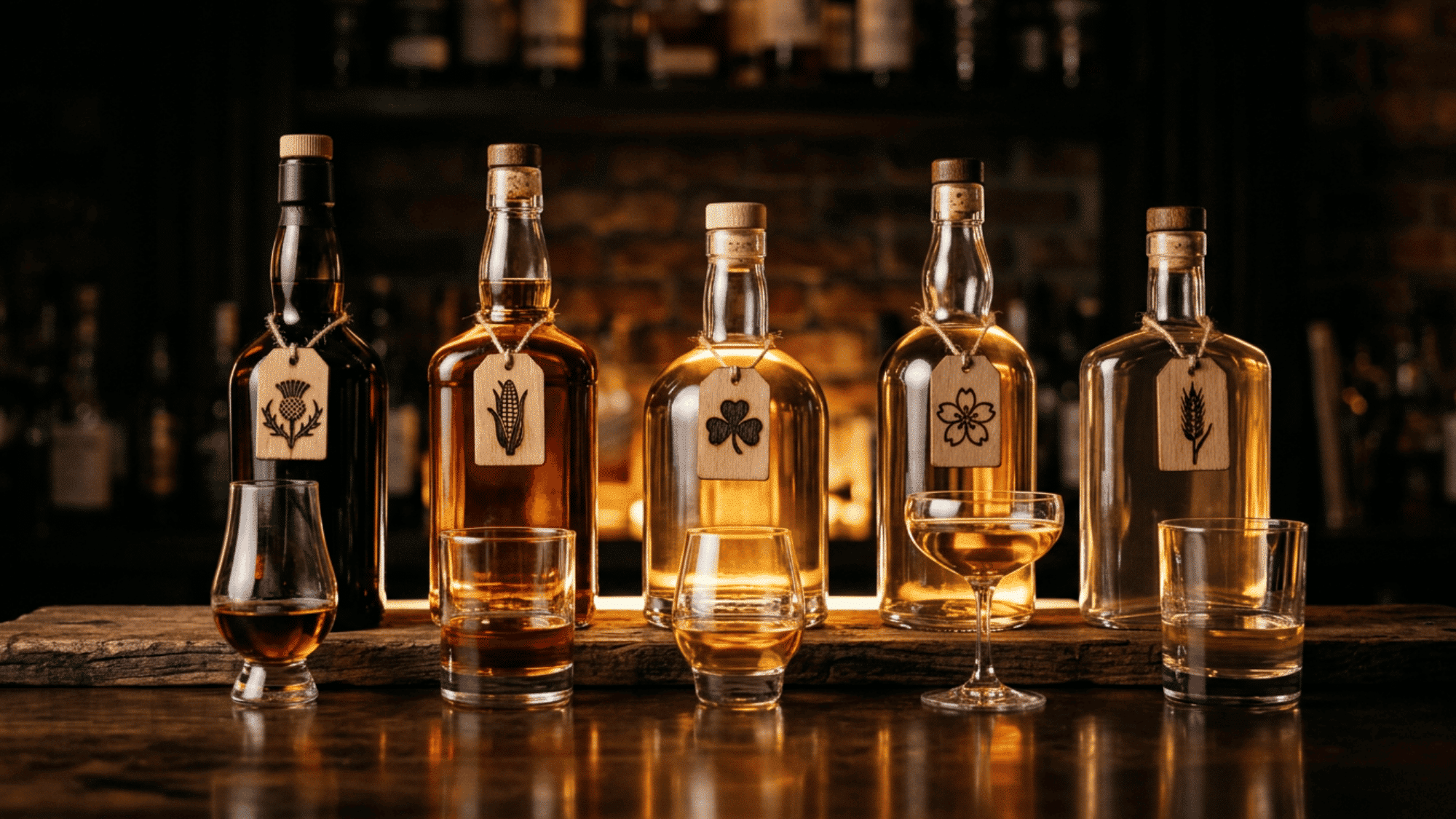 Various whiskey bottles and glasses displayed on a bar, showcasing different whiskey styles.