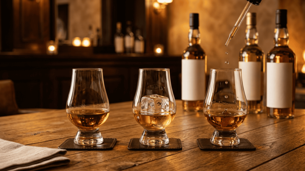 Whiskey tasting setup with neat whiskey, whiskey on ice, and whiskey with water drops