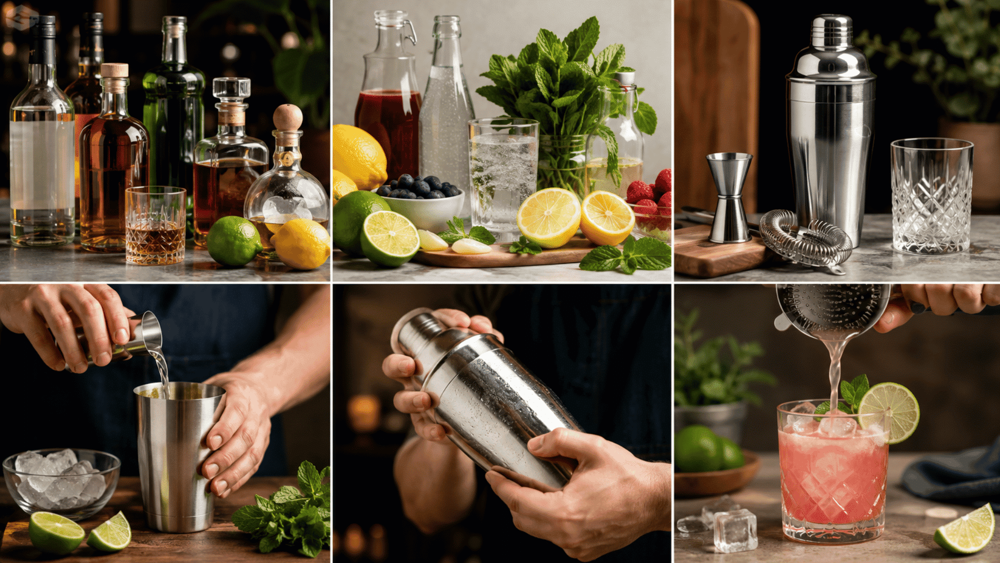 Collage showing the steps of making cocktails at home with spirits, mixers, tools, shaking, and serving