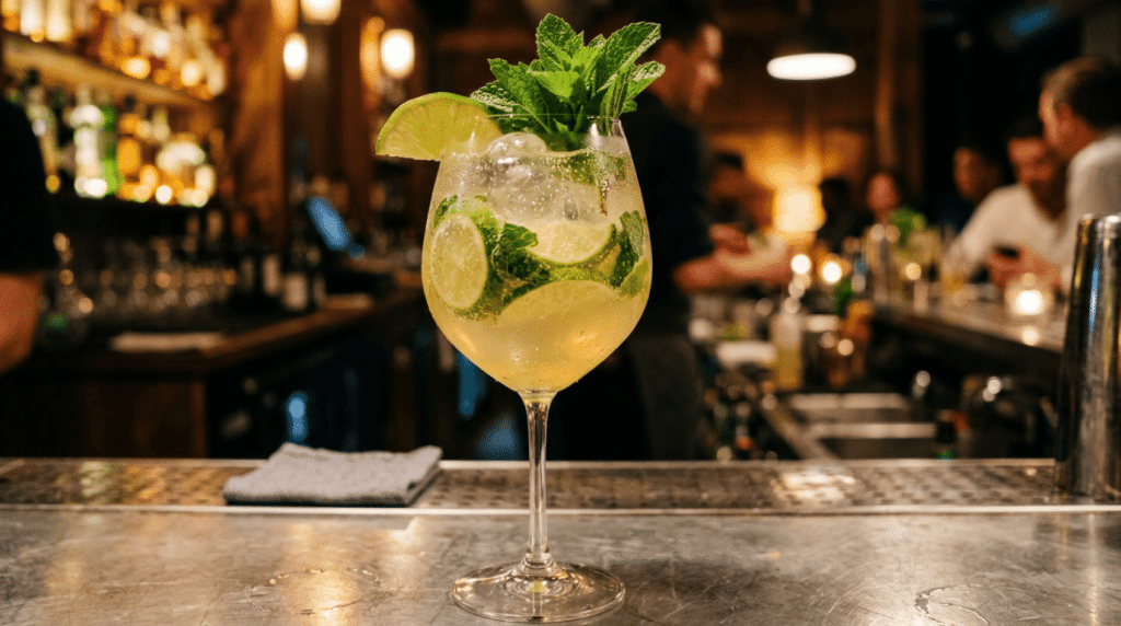 Hugo Spritz cocktail with mint, lime, and ice in a balloon wine glass.
