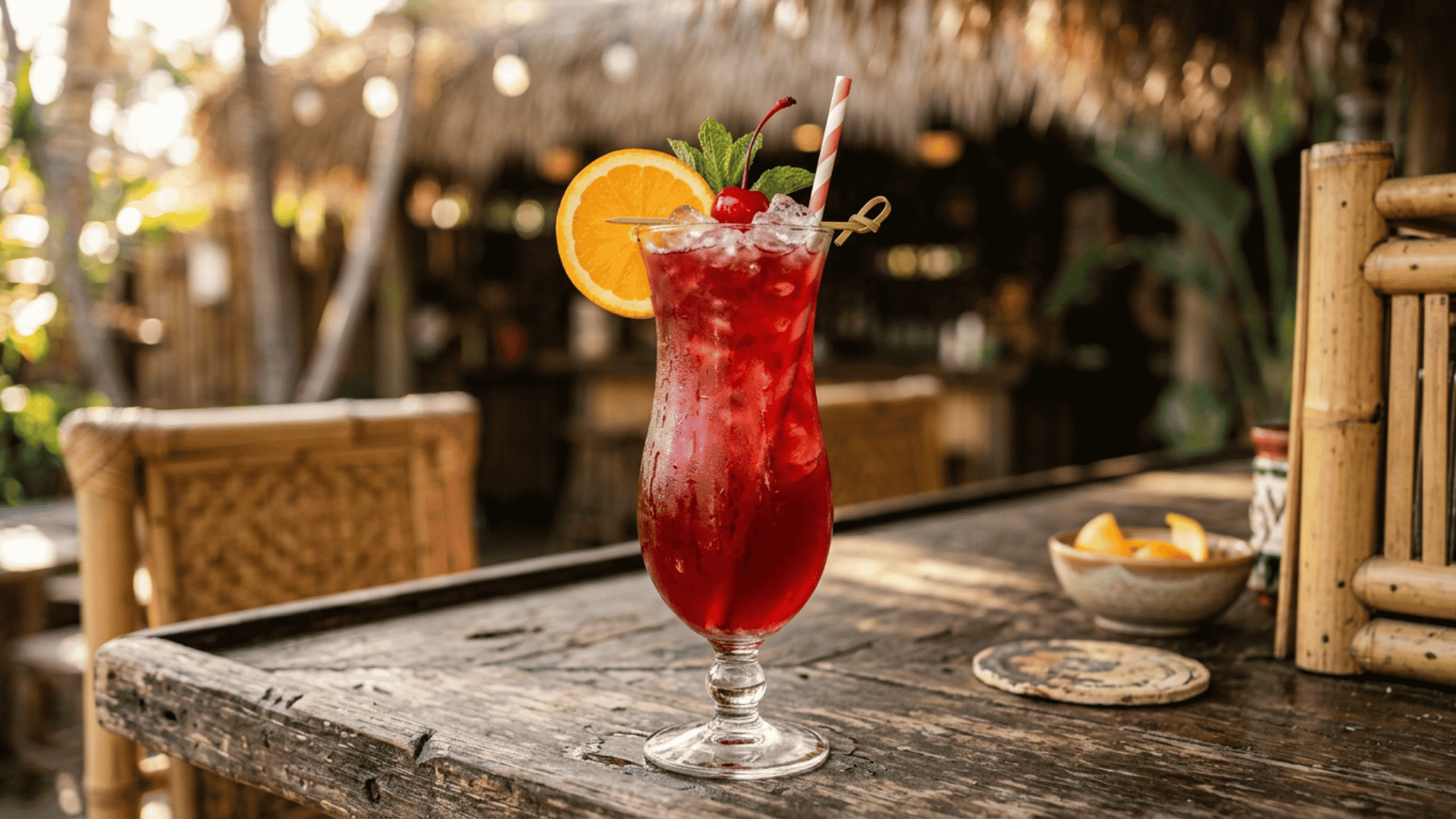 Hurricane cocktail with orange, mint, and cherry garnish served on a rustic tropical tiki bar.