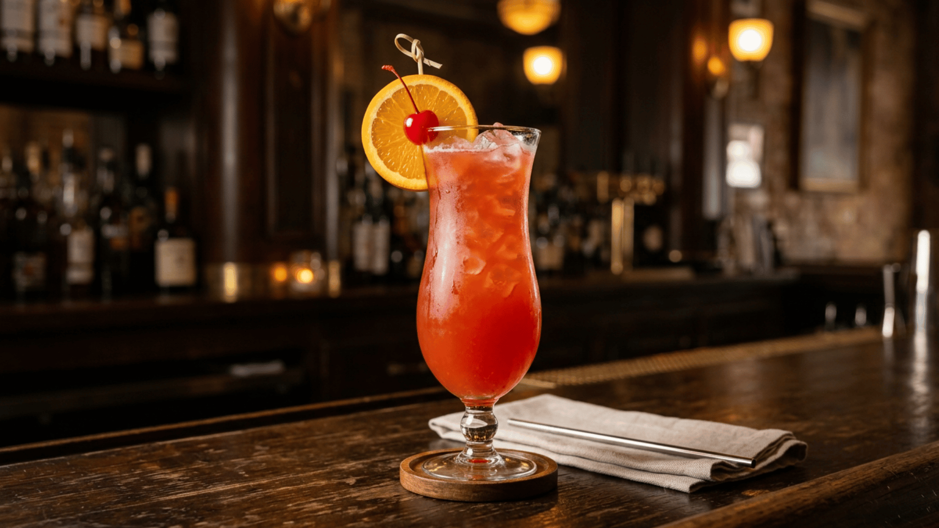 Hurricane cocktail in a curved glass with orange slice and cherry garnish.