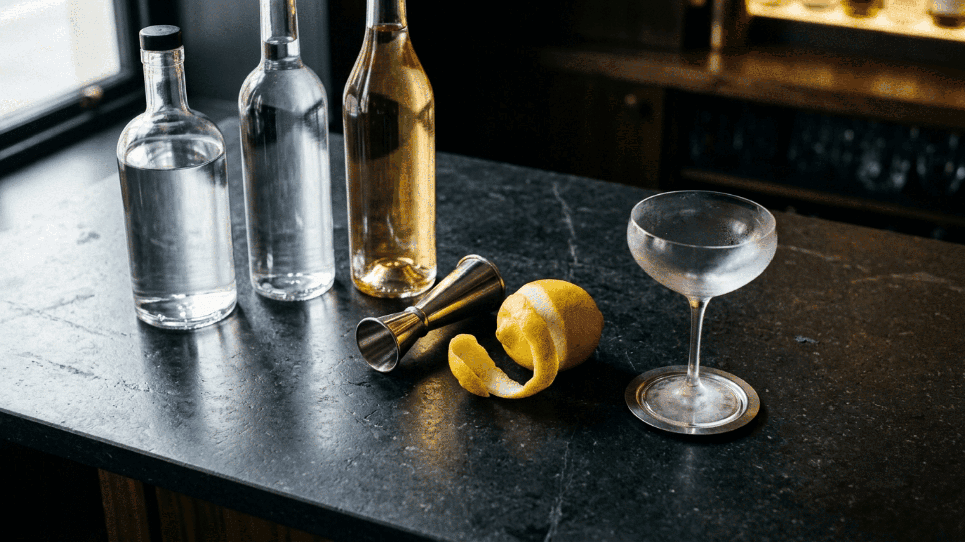 spirit bottles, jigger, lemon peel, and chilled coupe on a dark counter