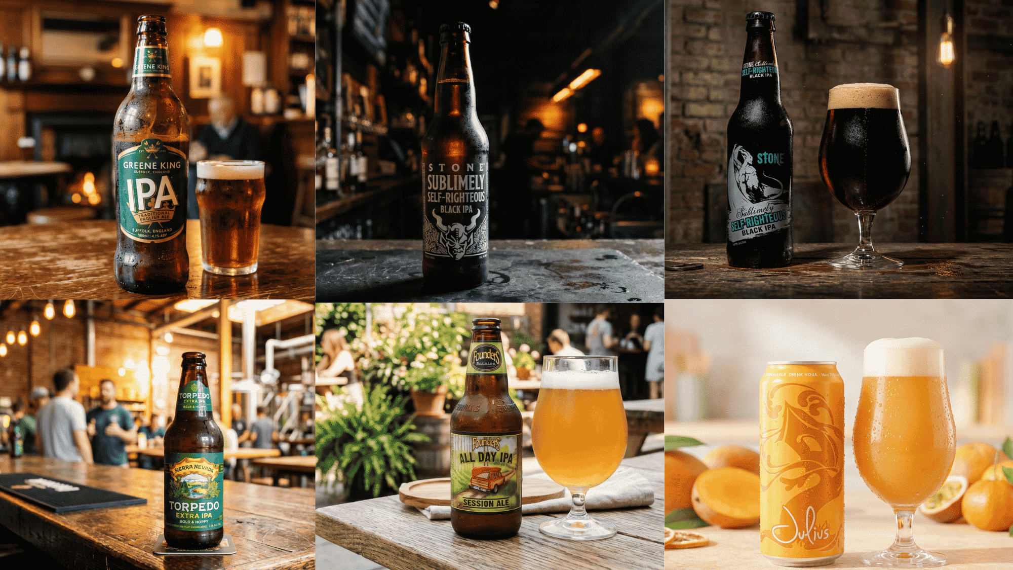 Six-panel collage of craft IPA beers in pubs and bars, showing bottles and filled beer glasses in pubs.