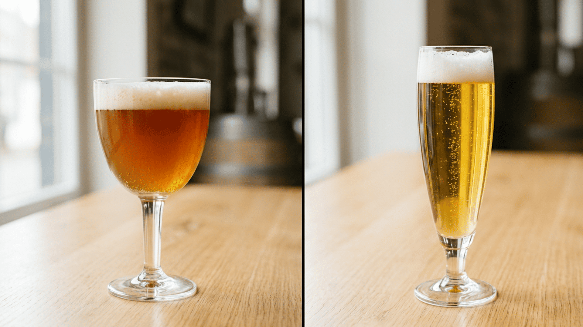Split image: amber hazy beer, clear golden beer.