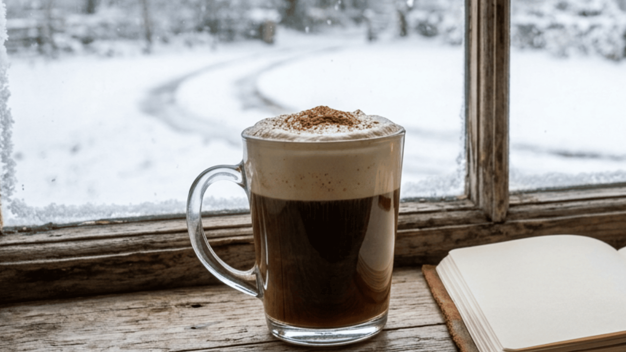 Layered Irish coffee in a glass mug beside a snowy window and open notebook.