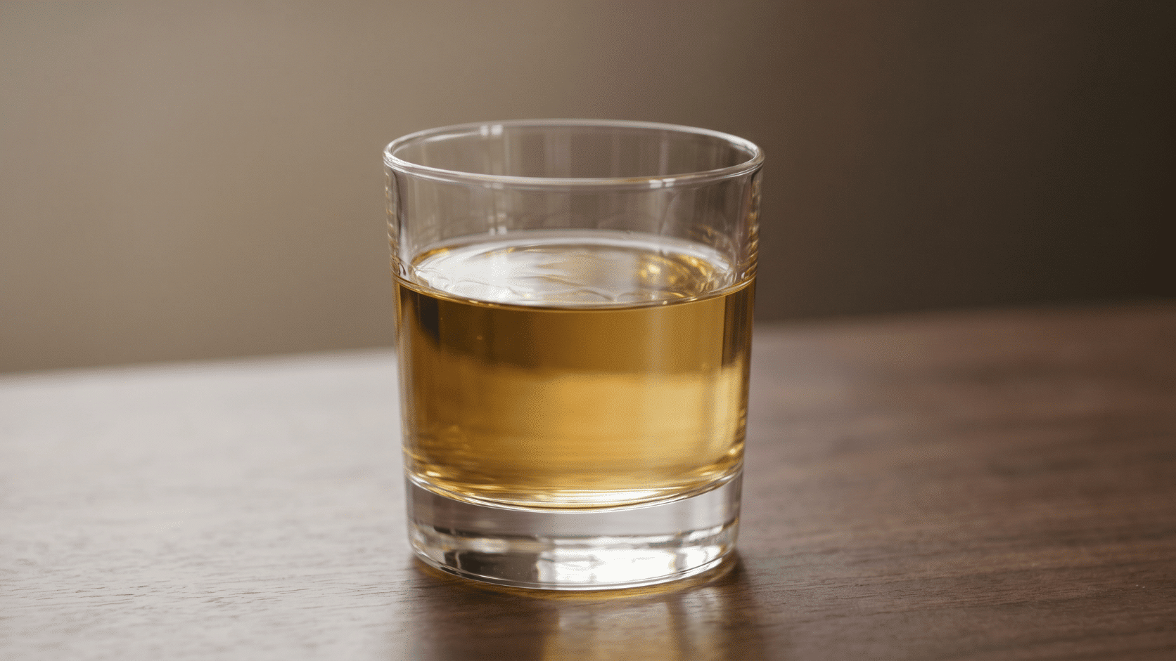 Close-up of Irish whiskey in a glass with golden amber liquid on a soft neutral studio background .