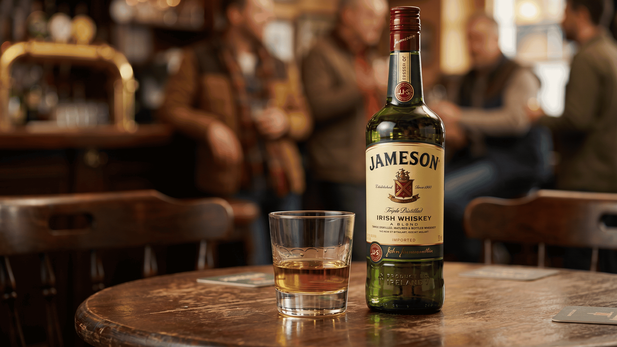 A smooth Irish whiskey bottle and glass in a warm pub setting