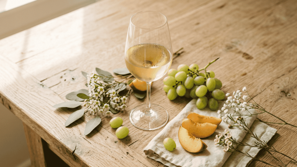 A pale golden Chardonnay glass with grapes and peach on a rustic wooden table