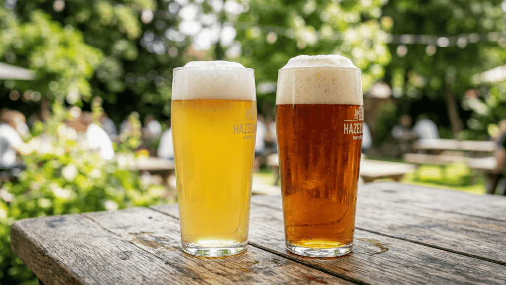 Two glasses of beer on wooden table.