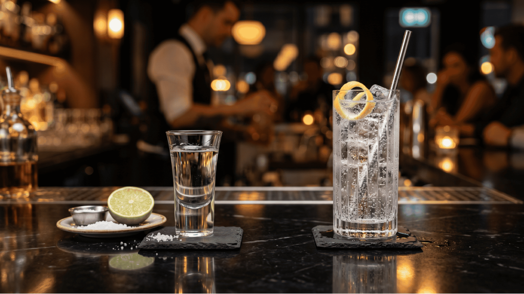 Tequila shot glass and vodka highball side by side on a marble table