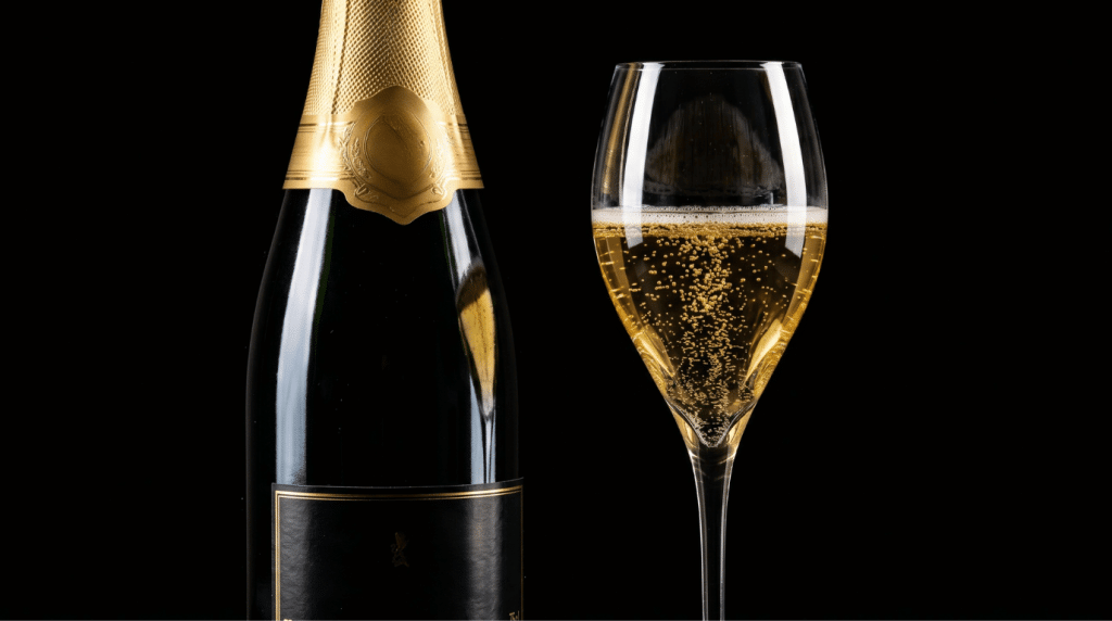 A dark Italian sparkling wine bottle with a gold foil neck beside a filled flute glass with rising bubbles against a black background.