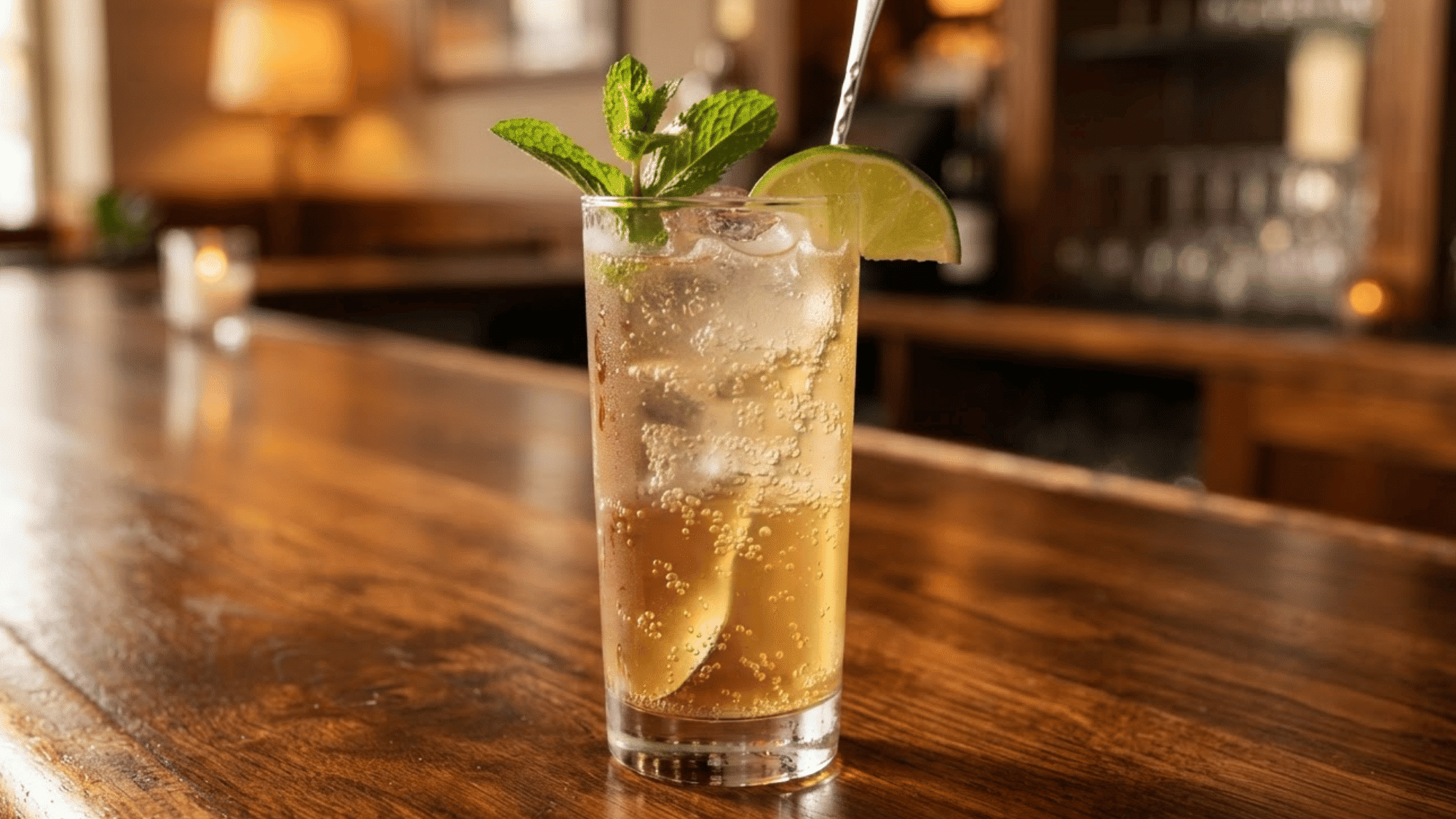Jamaican Mule in a tall glass with ginger beer, rum, lime, mint, and ice.
