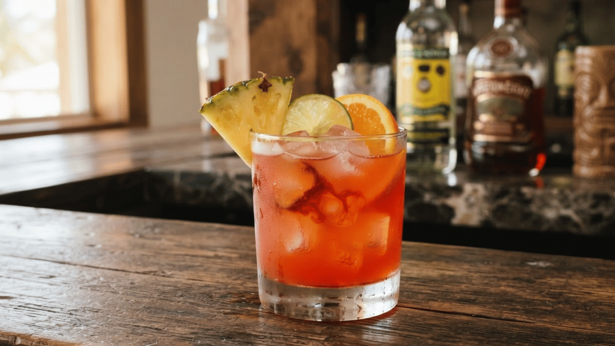 Jamaican Rum Punch with bold red-orange color, ice, pineapple, and citrus.