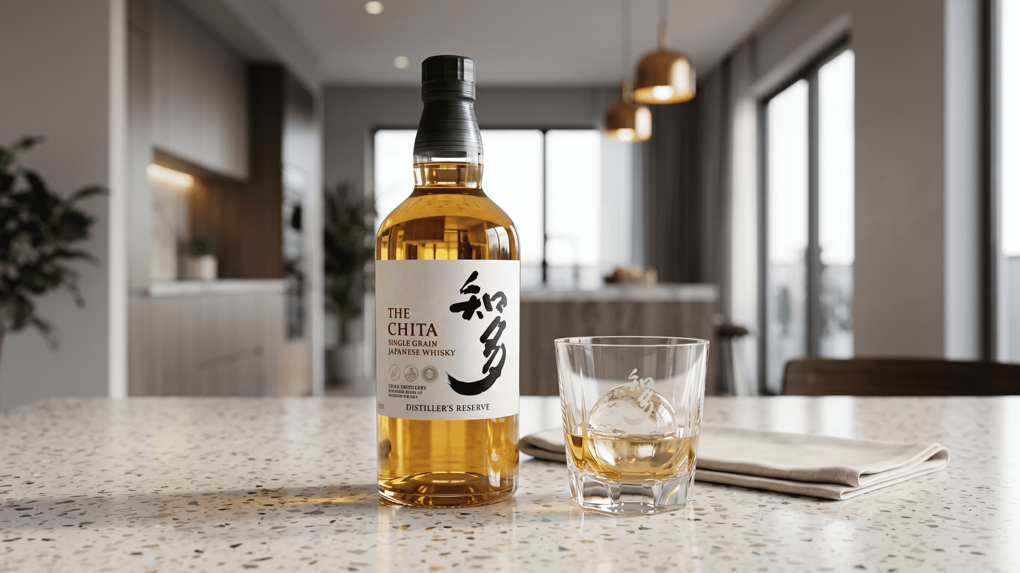 A Japanese whisky bottle and glass in a minimalist modern apartment