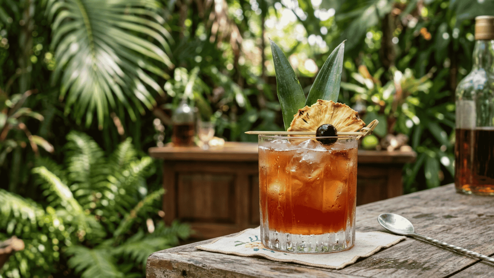 Jungle Bird cocktail with dried pineapple and cherry garnish on a rustic tropical wooden table.