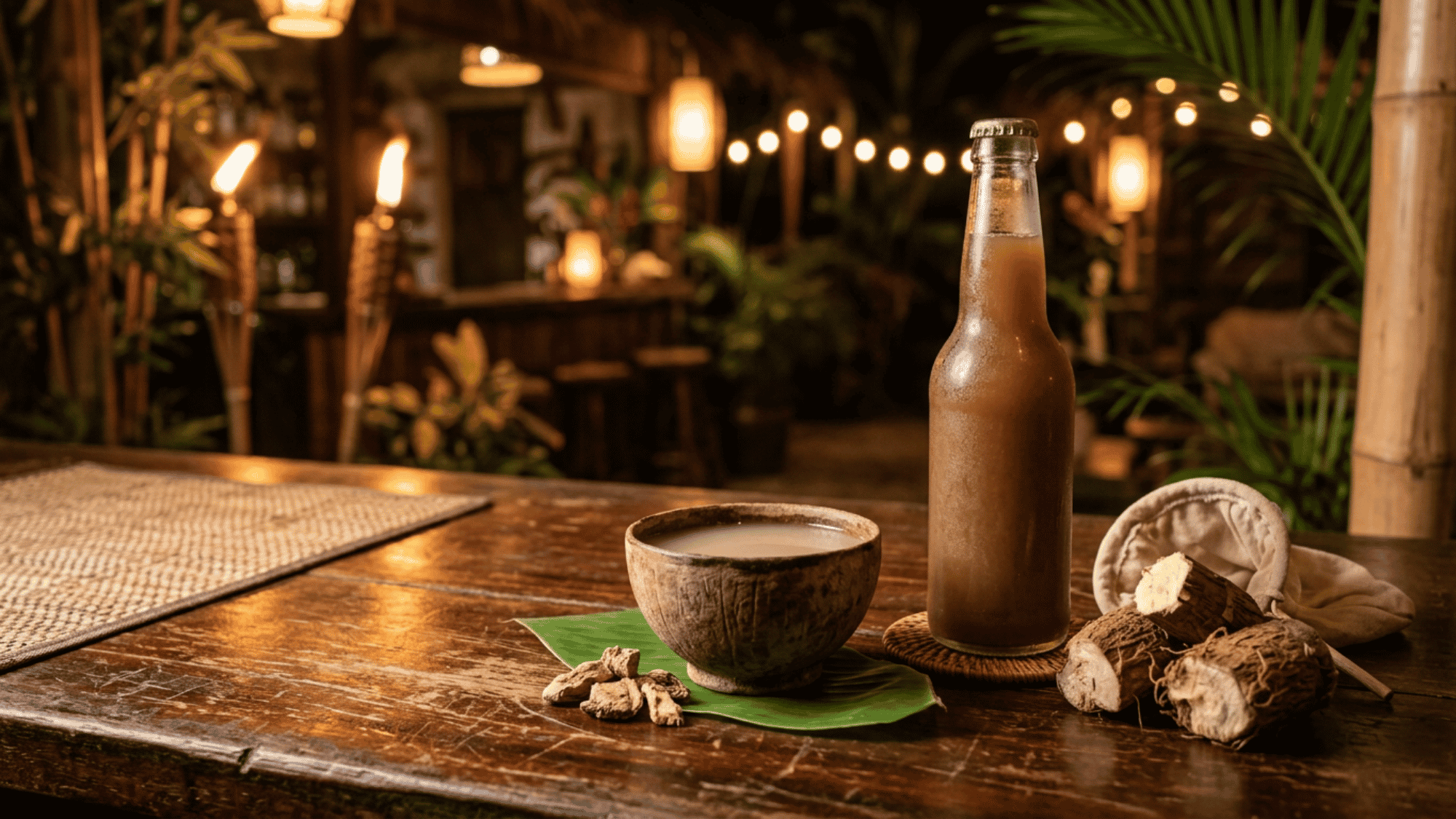 Kava root drink in a wooden bowl beside a bottle in a tropical bar setting