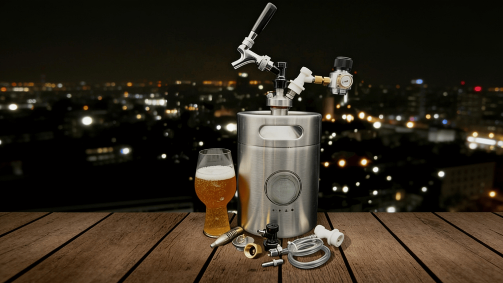 A keg shown along with a glass of beer with visually appealing background.
