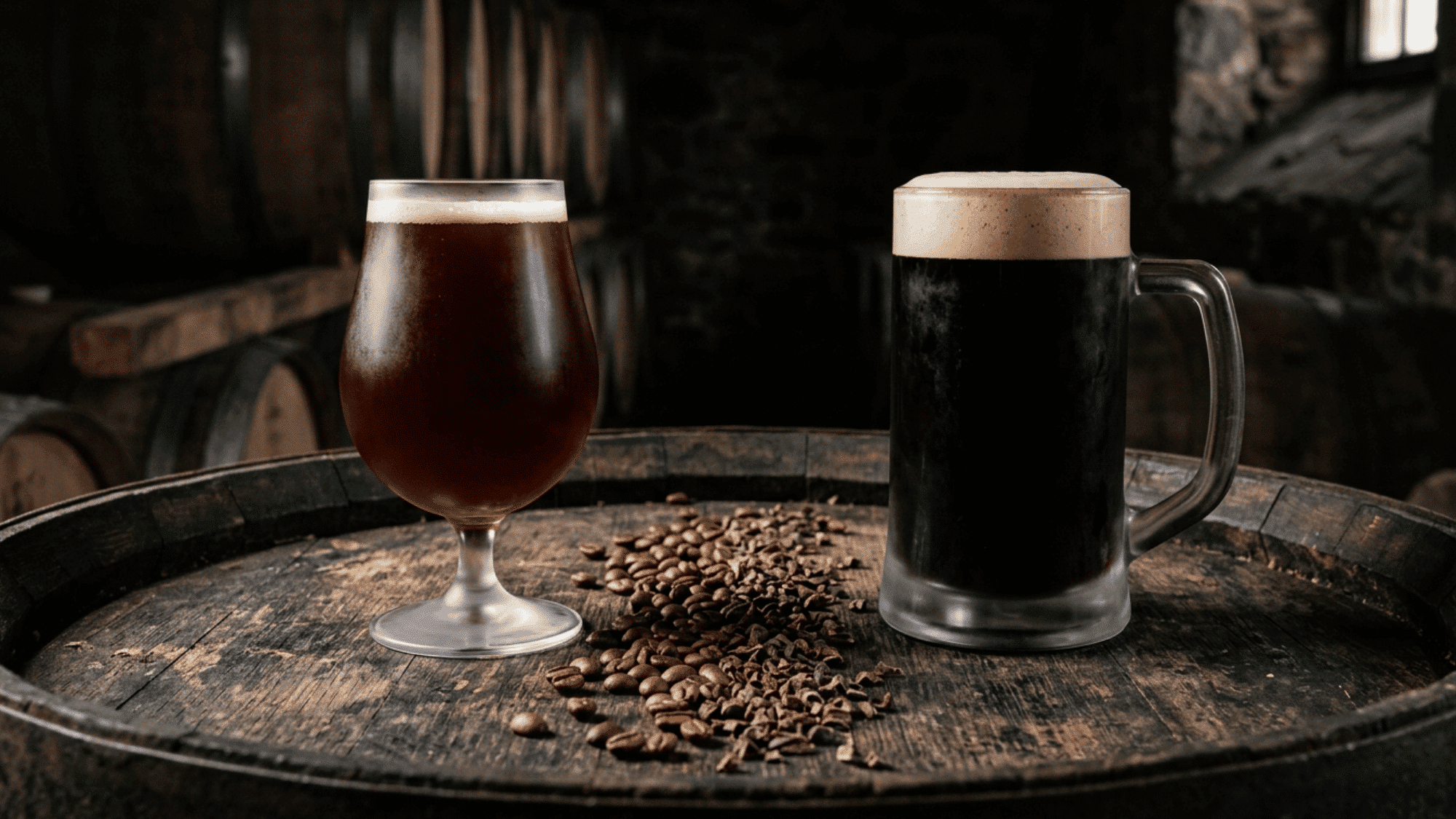 Two glasses of beer showing dark lager and light pilsner on wooden barrel with rustic grain setup
