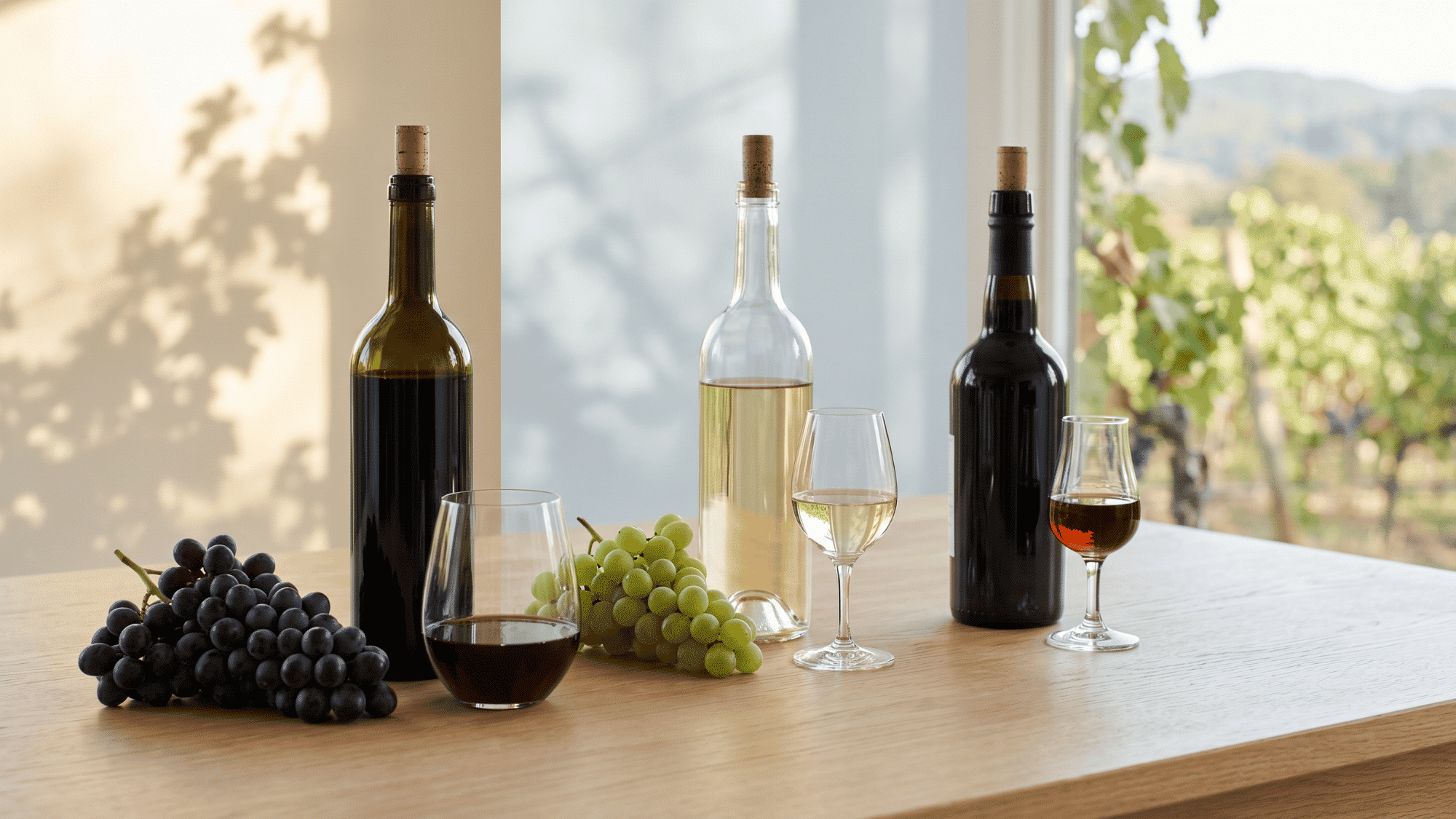 Red, white, and fortified wine bottles with grapes on a wooden surface