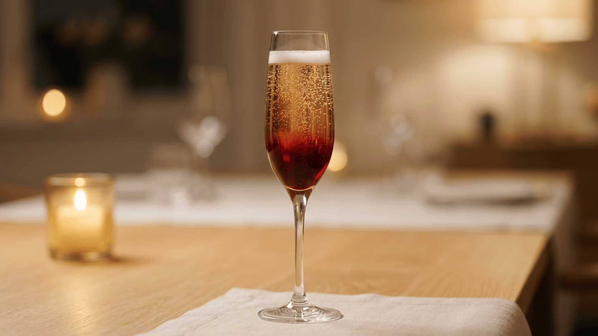 Kir Royale cocktail in a champagne flute with ruby blackcurrant color and bubbles.