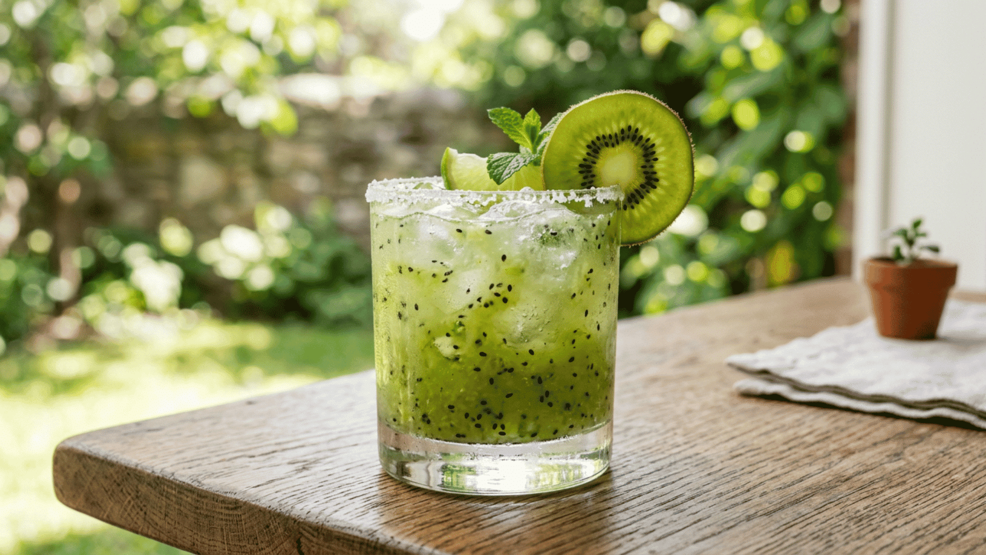 Kiwi margarita with speckled green color and kiwi slice garnish