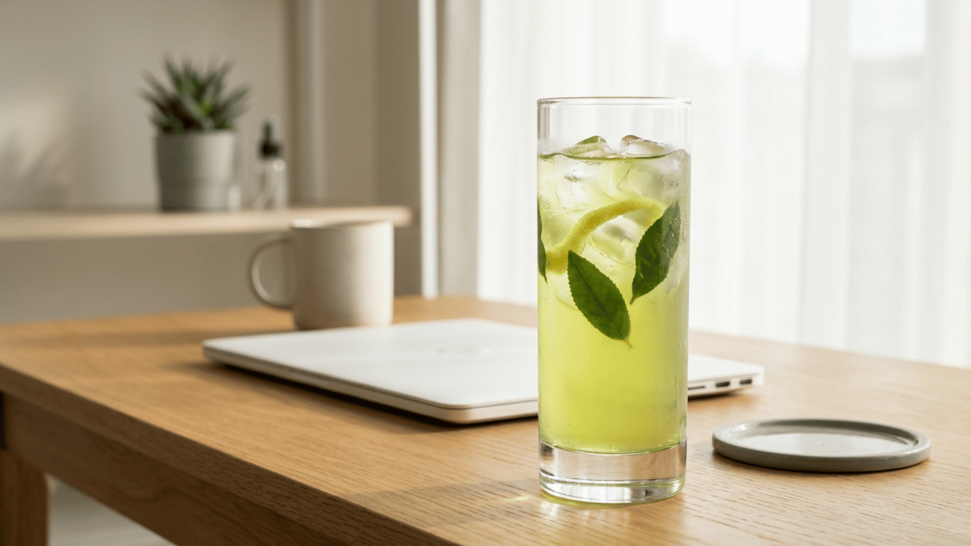 Iced L-theanine green drink with mint leaves on a wood desk beside a laptop