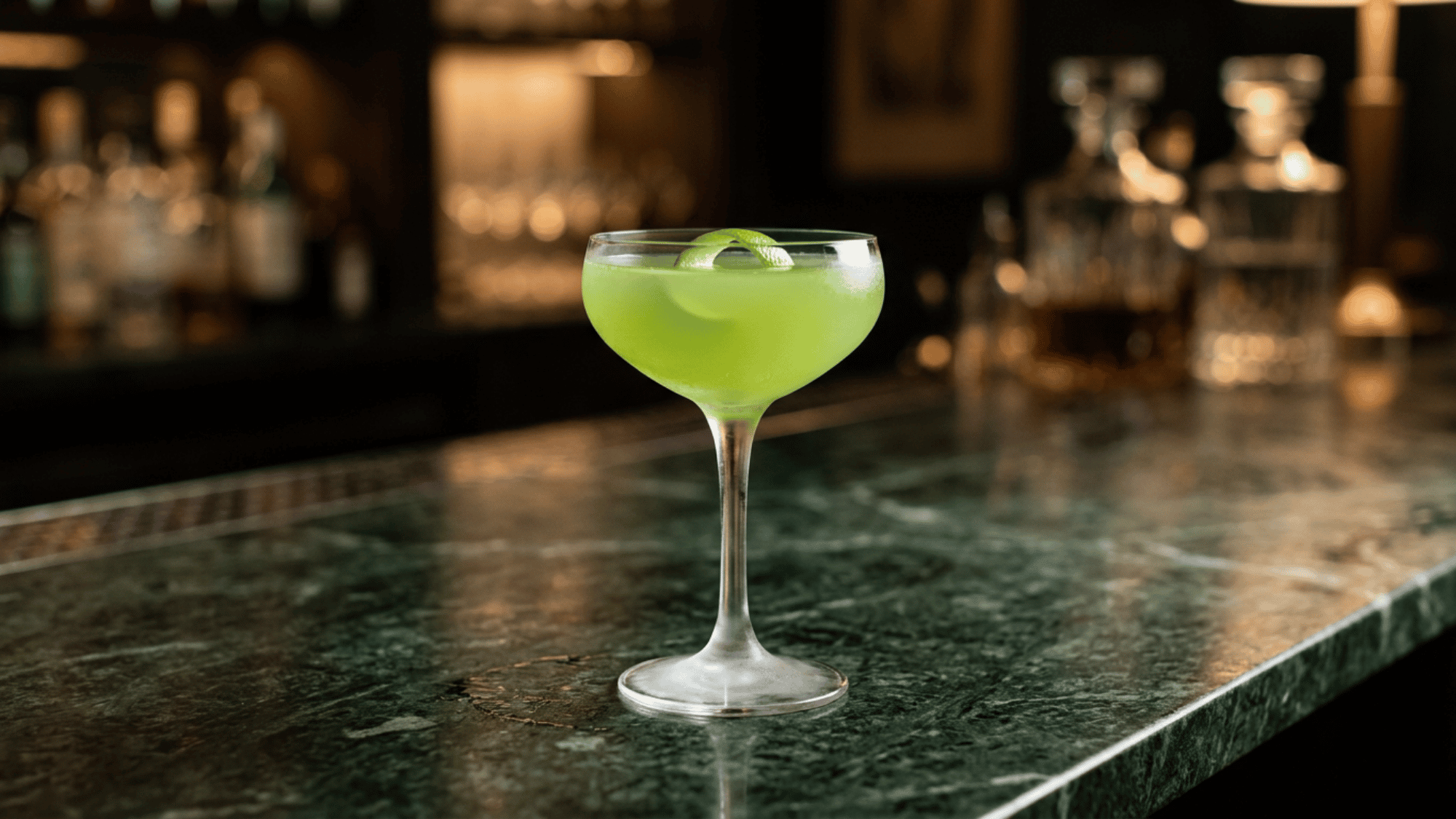 Last Word cocktail with lime peel in a coupe glass on a dark bar