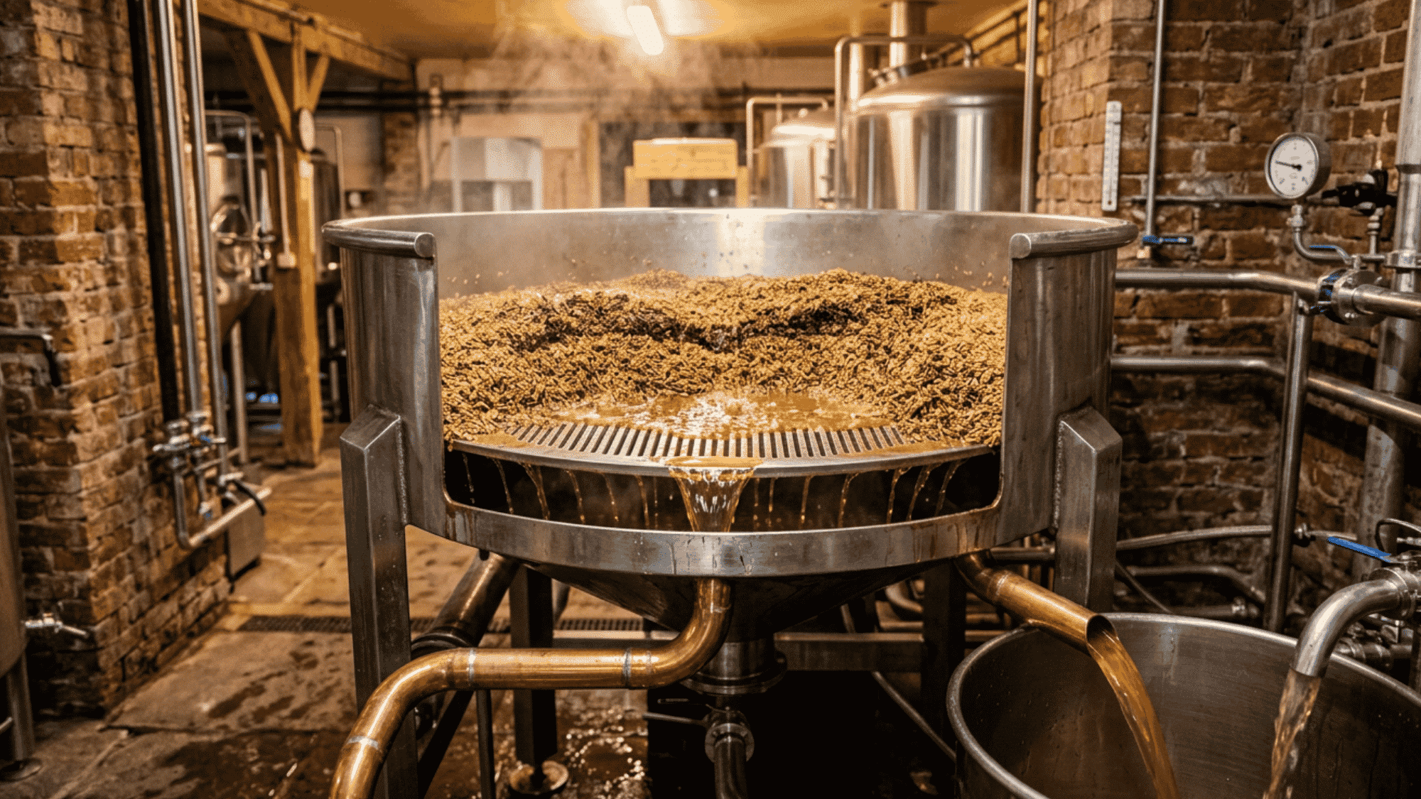 A bearded brewer in a leather apron monitors golden wort draining from a lauter tun into a vessel below inside a rustic brick brewery.