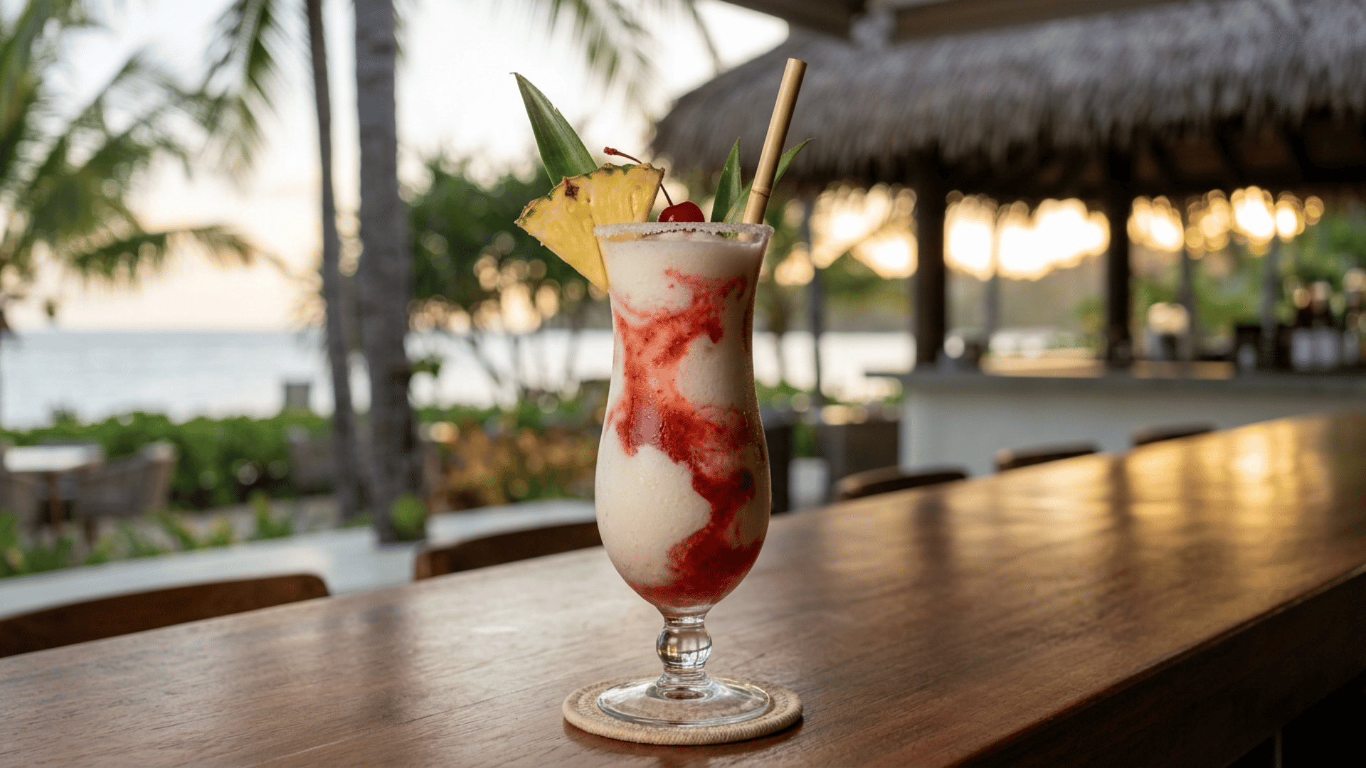 Frozen Lava Flow cocktail with coconut base and red strawberry swirl.