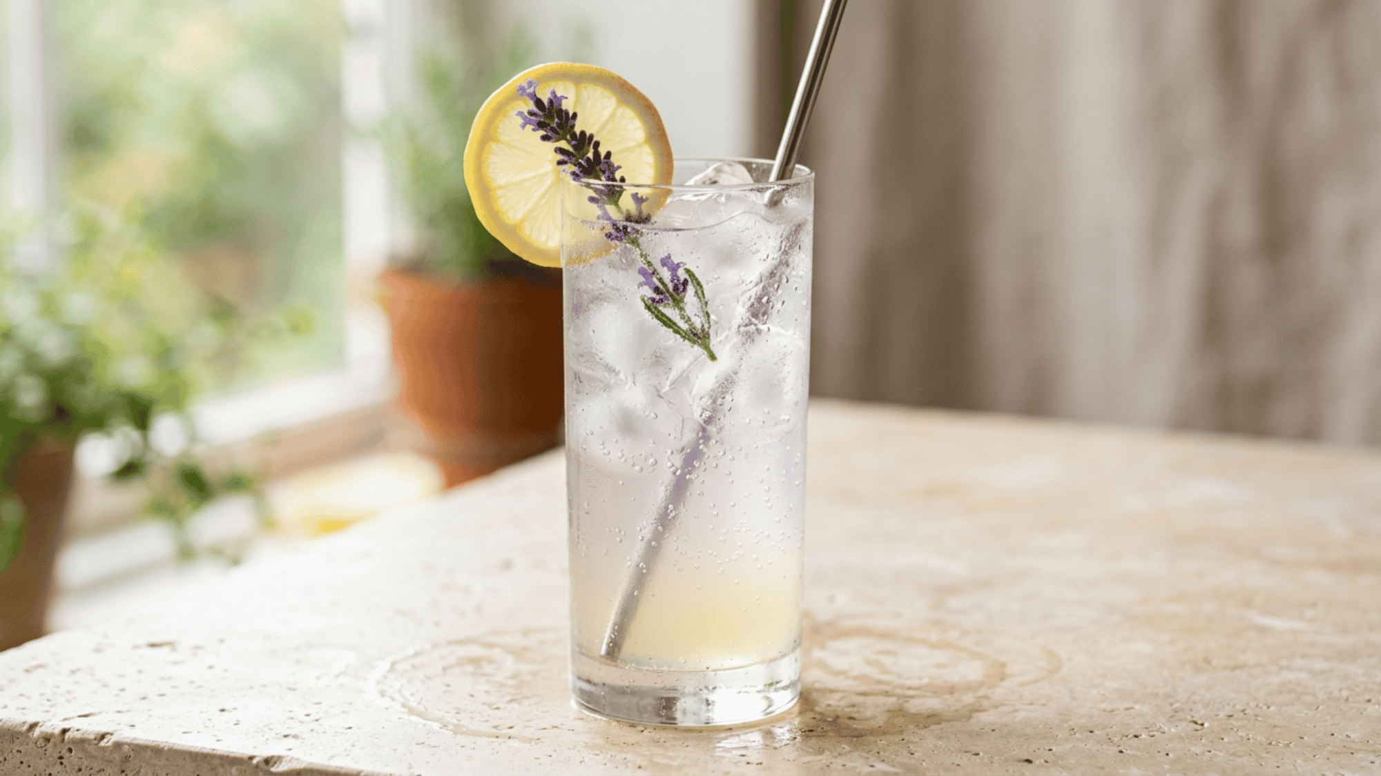 Lavender gin lemonade with ice, lemon, and lavender in a tall glass